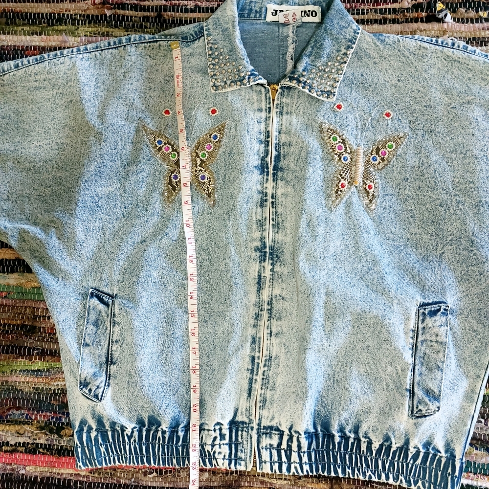 Vintage 80s Jazzino Acid Wash Butterfly Beaded Studded Collar Denim Jean Jacket - Picture 13 of 15